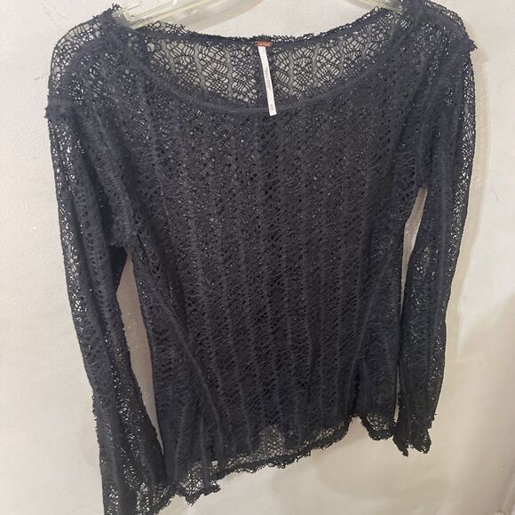 Free People On The Road Twisted Tee Sheer Knit Lace Mesh Slit Top Medium - Picture 6 of 7